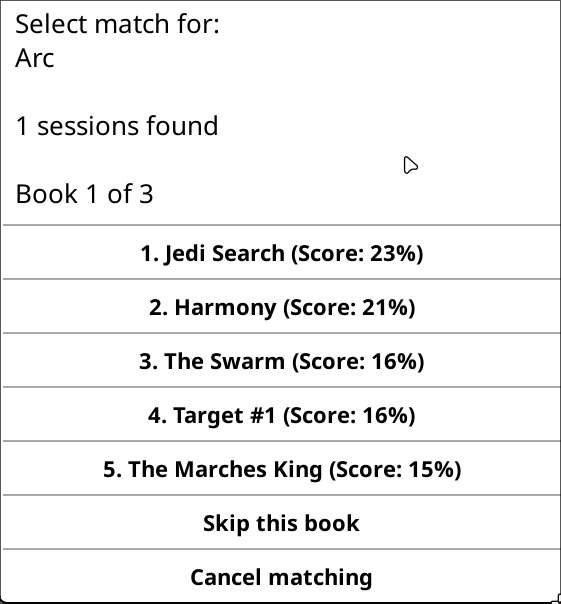 KOReader UI with matching menu, showing results for a title